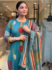 Teal Blue Cotton Kurta Set with Dupatta, Jaipur Block Print Ethnic Suit