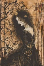 Gothic Woman Art Black Dress Vintage Style Illustration Image Card 4x6 Blank