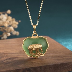 Authentic Jade Elephant Necklace Gold Plated Chain Dainty Gemstone Decor