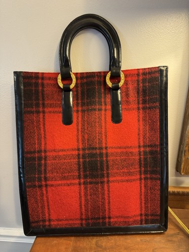 Rare Kleinberg Sherrill Red Plaid Large Tote With Patent Leather