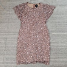 Adrianna Papell Dress Sz 10 Rose Gold Sequined Beaded Flowy Butterfly MOTB Glam