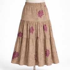 Vtg Y2K Fairy Grunge 100 Silk Skirt Sz 8 Tan Brown Tiered Boho Festival Floral