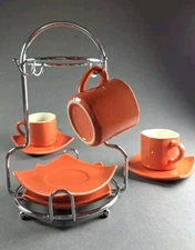 Espresso Cup Stand w Cups and Saucers Orange Countertop Square Coffee for 4