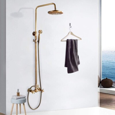 Antique Brass Shower Faucet System 8'' Round Rainfall Shower Head with Hand Spray