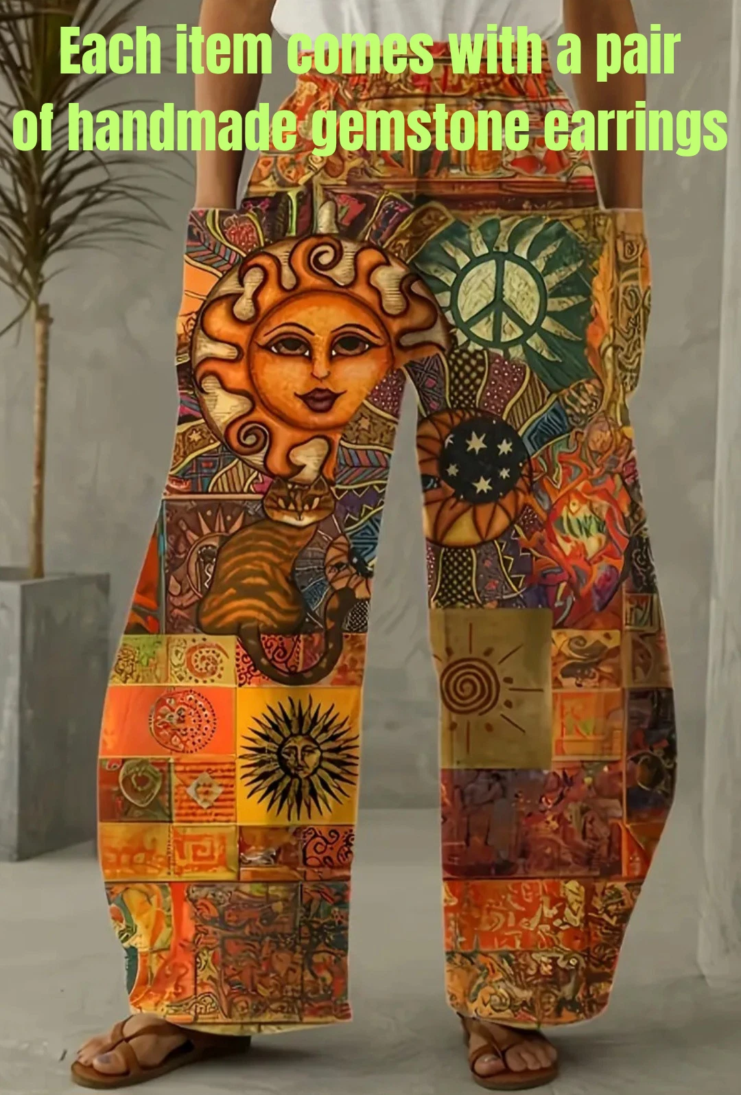 Boho Hippie Wide Leg Pants Sun Moon Print Festival Trousers + Gemstone Earrings