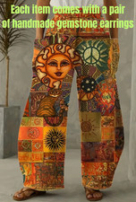 Boho Hippie Wide Leg Pants Sun Moon Print Festival Trousers + Gemstone Earrings