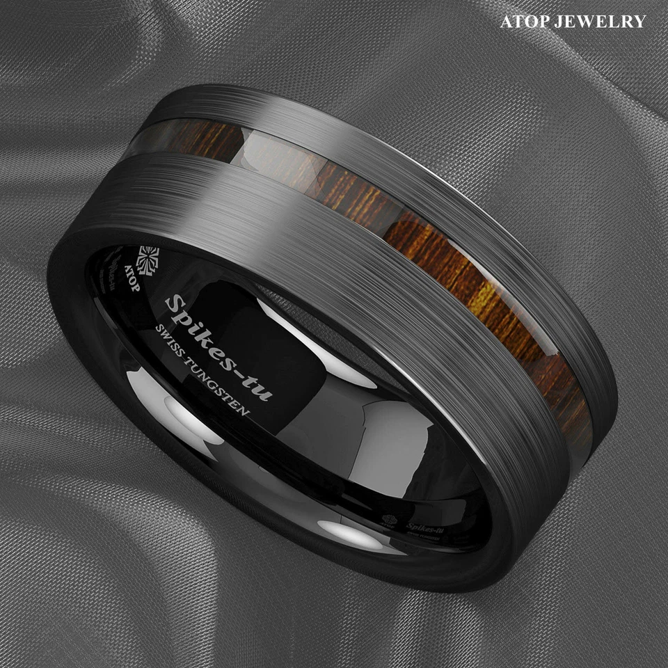 8mm Black Brushed Tungsten Carbide Ring Off Center Koa Wood ATOP Wedding Band - Image 2 of 4