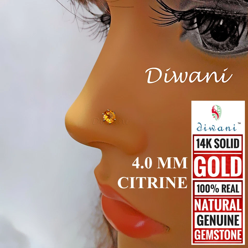 Pin nariz citrino natural de 4,0 mm Tragus Labret pendiente tornillo piercing anillo perno prisionero Foto 3 de 4