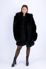 20235 REAL FUR COAT GENUINE FOX FOXFUR BLACK FOXCOAT PARKA XXL MASSIV