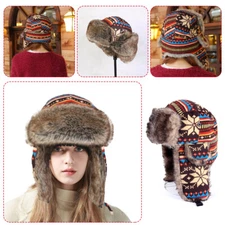 Men Ethnic Faux Fur Trapper Hat Outdoor Ski Warm Cap Russian Ushanka Winter