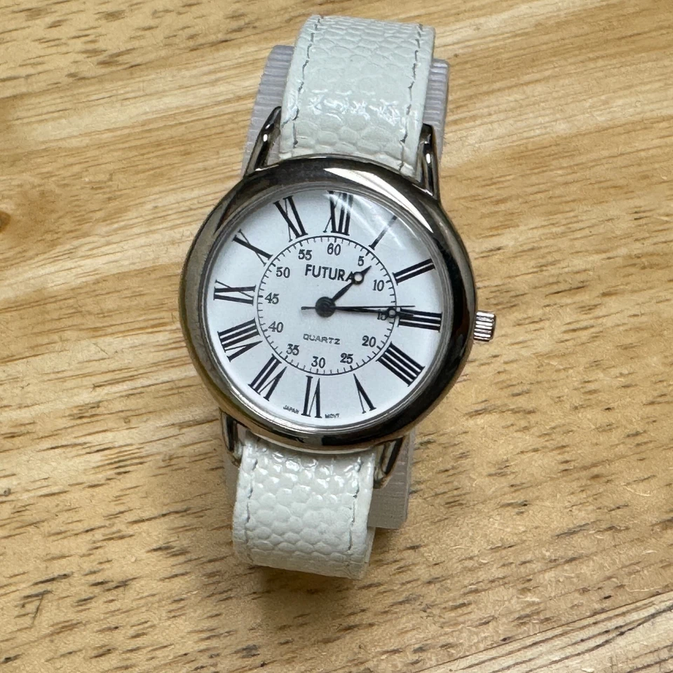 Vintage Futura Quartz Watch Unisex Silver White Leather Band Analog New Battery - Image 2 of 4