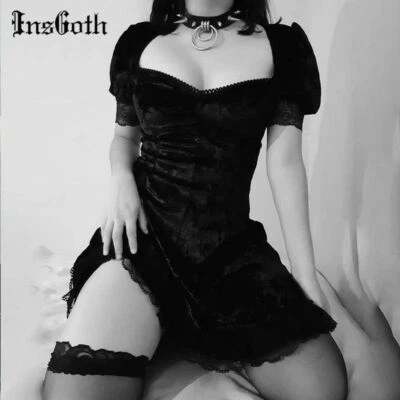 Damen Vintage Gothic Style A-Linie Spitze Kleid Sexy Mini Aesthetic Partykleider - Bild 1 von 4