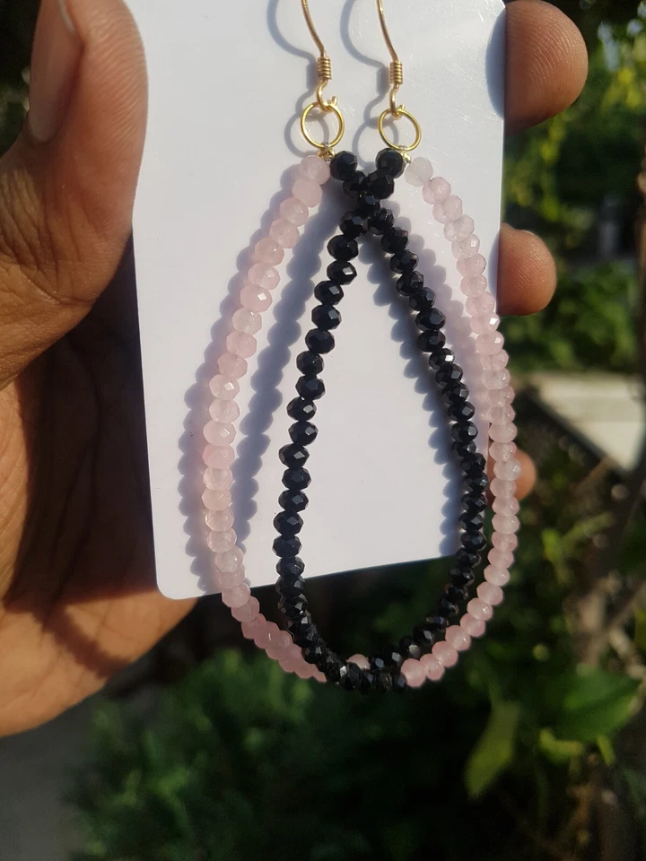 Quarzo rosa e onice pietra preziosa pendente argento sterling 925 orecchino g... - Immagine 3 di 4