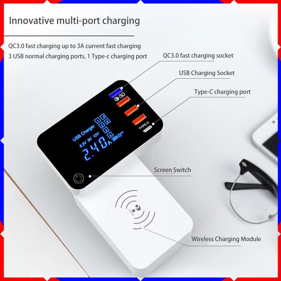 多端口无线集线器带触摸+1QC3.0+1Type-c+无线快速充电站 — 第 2/4 张图片