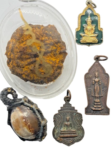 5pcs Thai Amulet Old COIN Shell Set Powerful TALISMAN Buddhism Protection LUCKY - Picture 1 of 12
