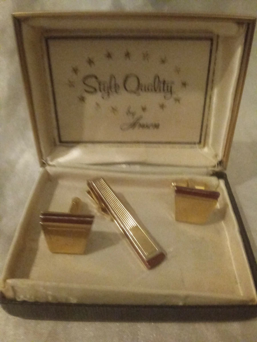 VINTAGE ANSON STYLE QUALITY CUFFLINKS u0026amp; TIE CLIP GOLD TONE u0026amp; RED |  eBay