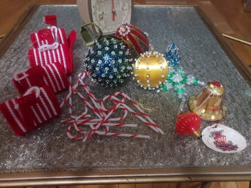 Vtg Handcrafted Ornaments Push Pin Beaded Satin. Shell, Beaded, Canvas Mailboxes
