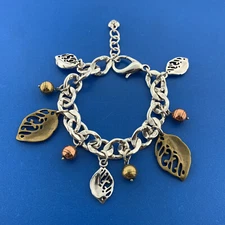 Brighton Tri Colored Silver Plate Fall Autumn Leaves Statement Charm Bracelet