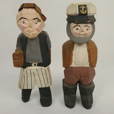 VTG Folk Art Hand Carved Wooden Figurines Captain First Mate Peg Leg Nautical