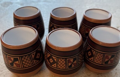 Peruvian Cusco Pottery Terracota 6 Cups Porcelain Inca Geometric Pattern Peru