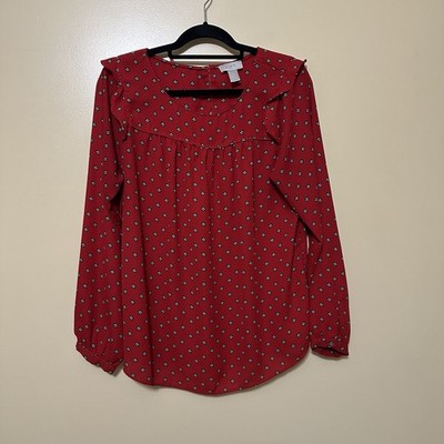 Loft Geometric Balloon Sleeve Flutter Peasant Blouse Women L Red