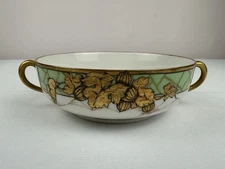 Antique GDA France Hand-Painted Porcelain Double-Handled Bowl – Gilded Leaves