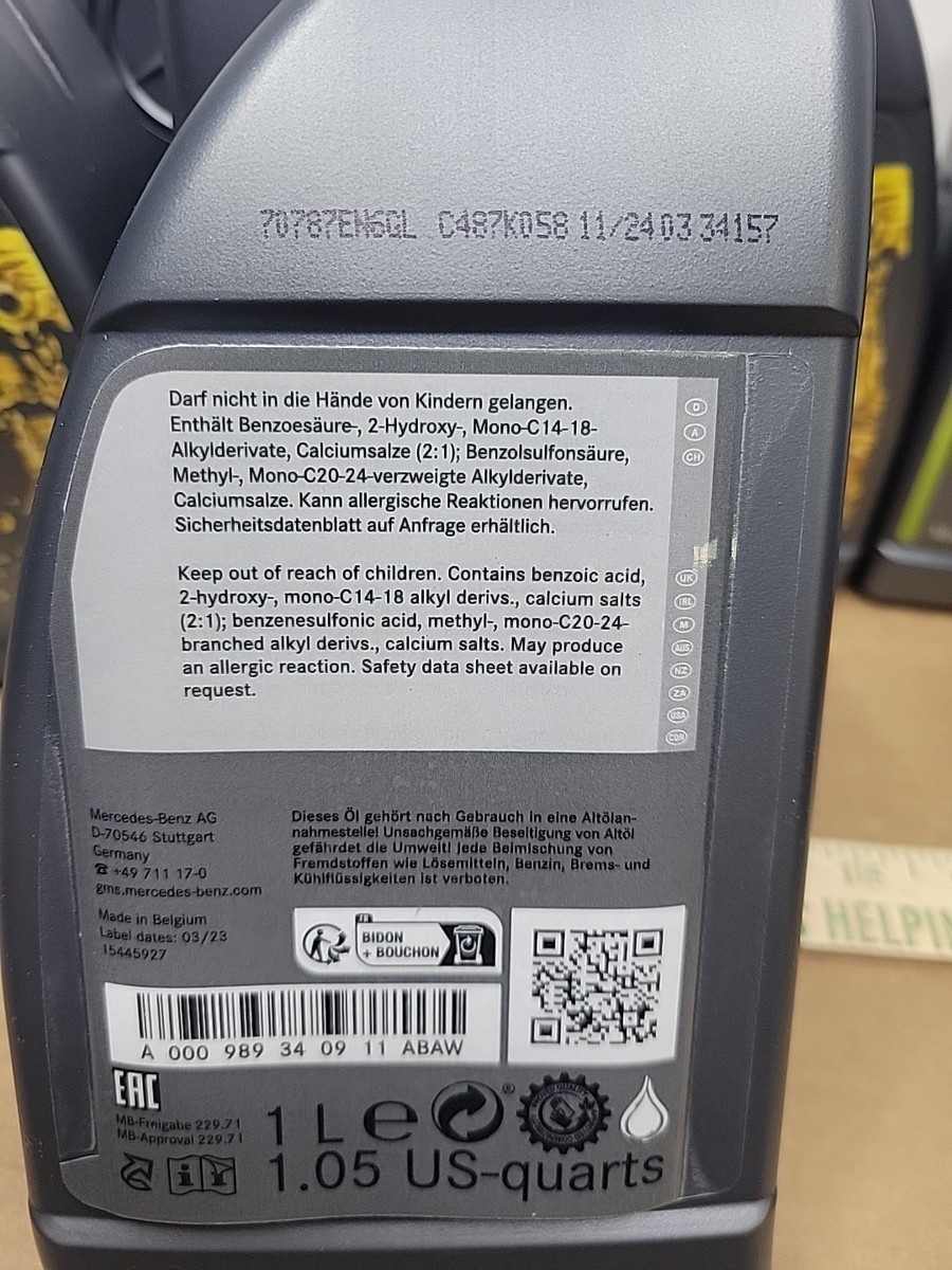 Qty 6 Mercedes-Benz A000989340911ABAW SAE 0W-20 MB 229.71 1L