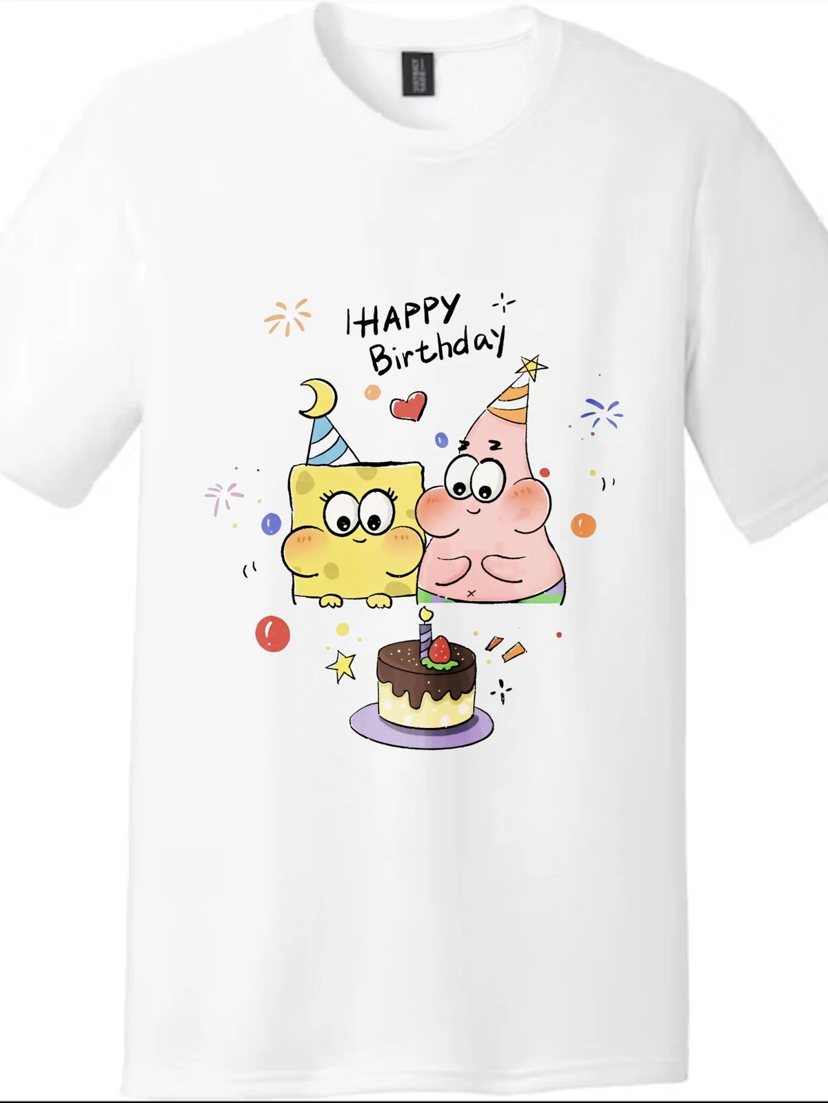 SpongeBob and Patrick Star Birthday-Themed Tee Cartoon Casual Short-Sleeved Tee