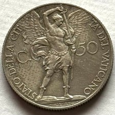 Vatican City 50 centesimi 1929,Pius XI, PIVS · XI · PONT MAX · AN IX,Nickel