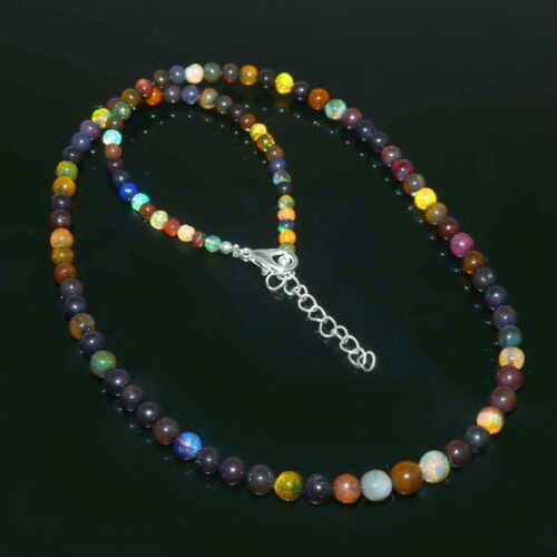 Ethiopian Fire Round Opal Beaded Necklace 925 Sterling Silver Gemstone Jewelry - Foto 1 di 10