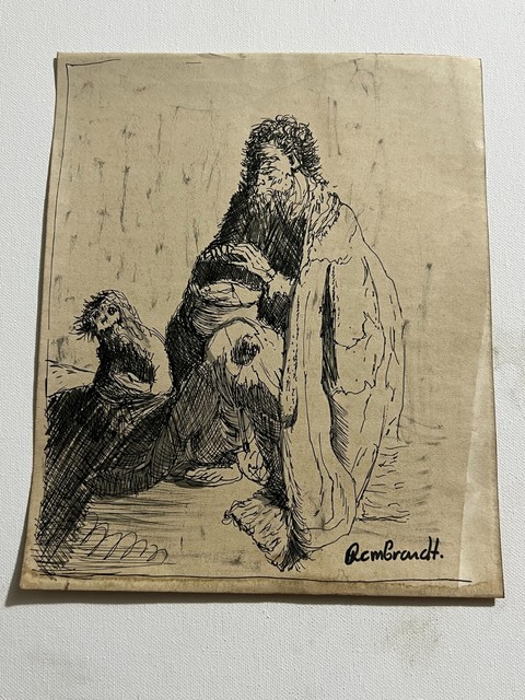 Rembrandt Drawing on paper (Handmade) signed and stamped mixed media vtg art Rembrandt Drawing on paper (Handmade) signed and stamped mixed media vtg art