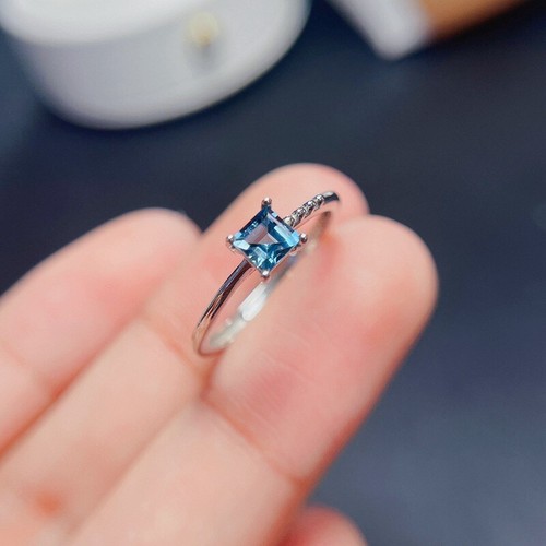 4MM Natural Princess Cut Blue Topaz Solitaire Engagement Ring 14K White Gold FN - Picture 6 of 11
