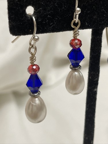 Lot Blue Crystal Pearl Hoop and Dangle Earrings Silver Gold Pierced - Picture 3 of 11