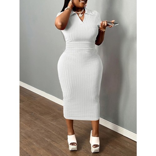 Women Neck Sexy Casual Short Sleeve Bodycon Dress Basic Pencil Midi Club Dresses - Picture 26 of 42