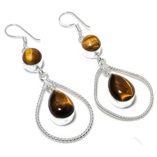 Tiger's Eye Gemstone Handmade 925 Sterling Silver Jewelry Earring Sz 2.2"
