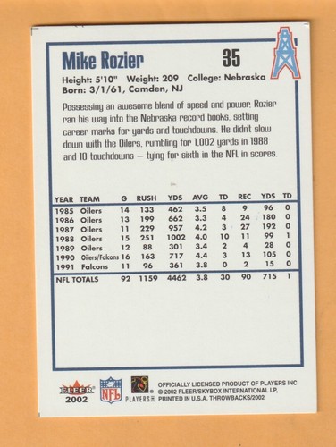 Mike Rozier Houston Oilers Signed 2002 Fleer Throwbacks Nebraska Cornhuskers - Picture 2 of 2
