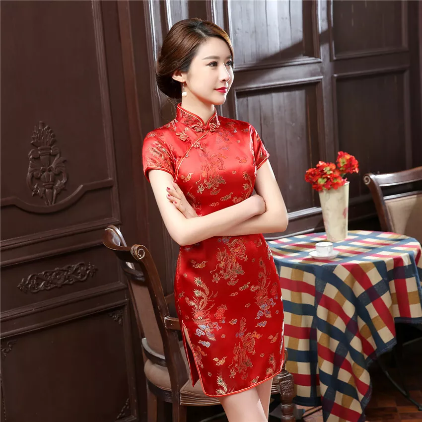 Chinese Traditional Short Cheongsam Women Silk Satin Mini Dress Party Gown S-6XL