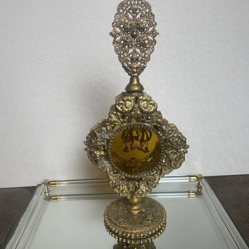 Antique Victorian Brass Ormolu Amber Glass 10.5x5 Ornate Filigree Perfume Bottle - Picture 6 of 14