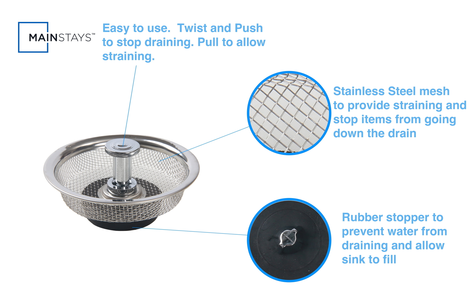 (3 pack) Mainstays Stainless Steel Mesh Sink Strainer with Rubber Stopper Silver