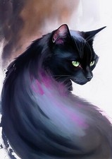 A4 Size - Black Cat Watercolour Poster Print Wall Art Home Decor Pets 