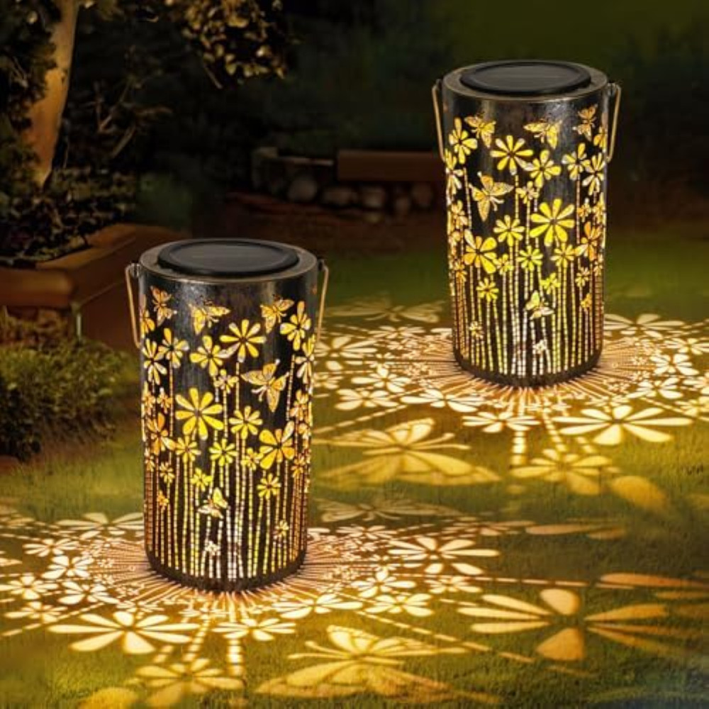 Set 2 Lanterne Solari Decorative Farfalla: Luce da Esterno in Metallo