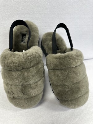 Women's UGG Super Fluff Slippers With Logo Strap, Size 7, Olive, New Without Box