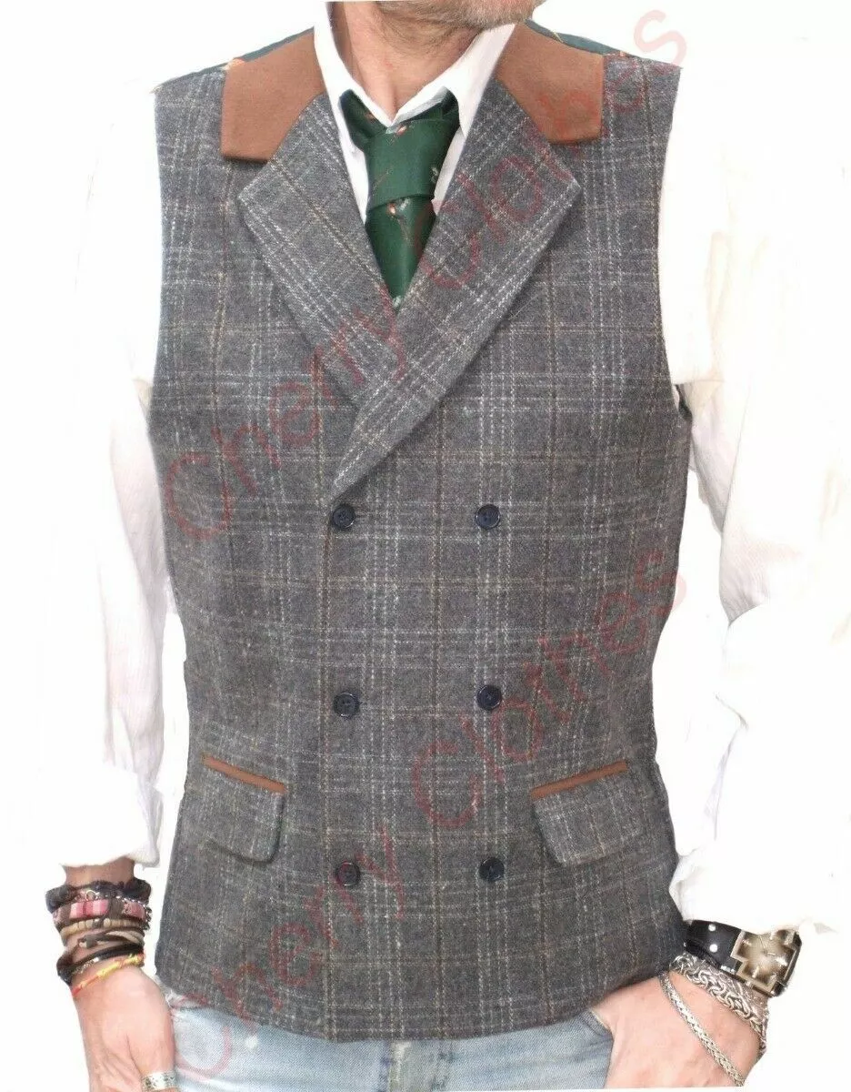 Mens Country Double Breasted Waistcoat Vest Gilet Grey Gray Check Tweed |  eBay