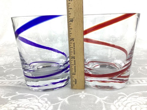 (2) Pier 1 Swirl Swirline Old Fashioned Glasses Red & Blue 4.25” VGUC Preowned - Picture 6 of 8