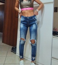 Jeans Donna L VITA media blu strappi ginocchia skinny aderente 