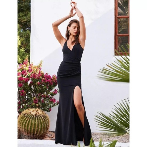 NEW DRESS THE POPULATION Sleeveless BLACK Jordan RUCHED Side Slit EVENING GOWN - Picture 2 of 16