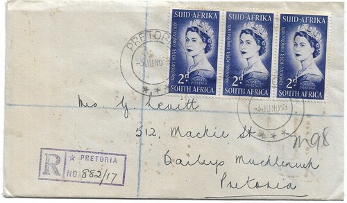 SOUTH AFRICA QEII CORONATION REG FDC 3x 2d DEEP VIOLET BLUE REF 4659