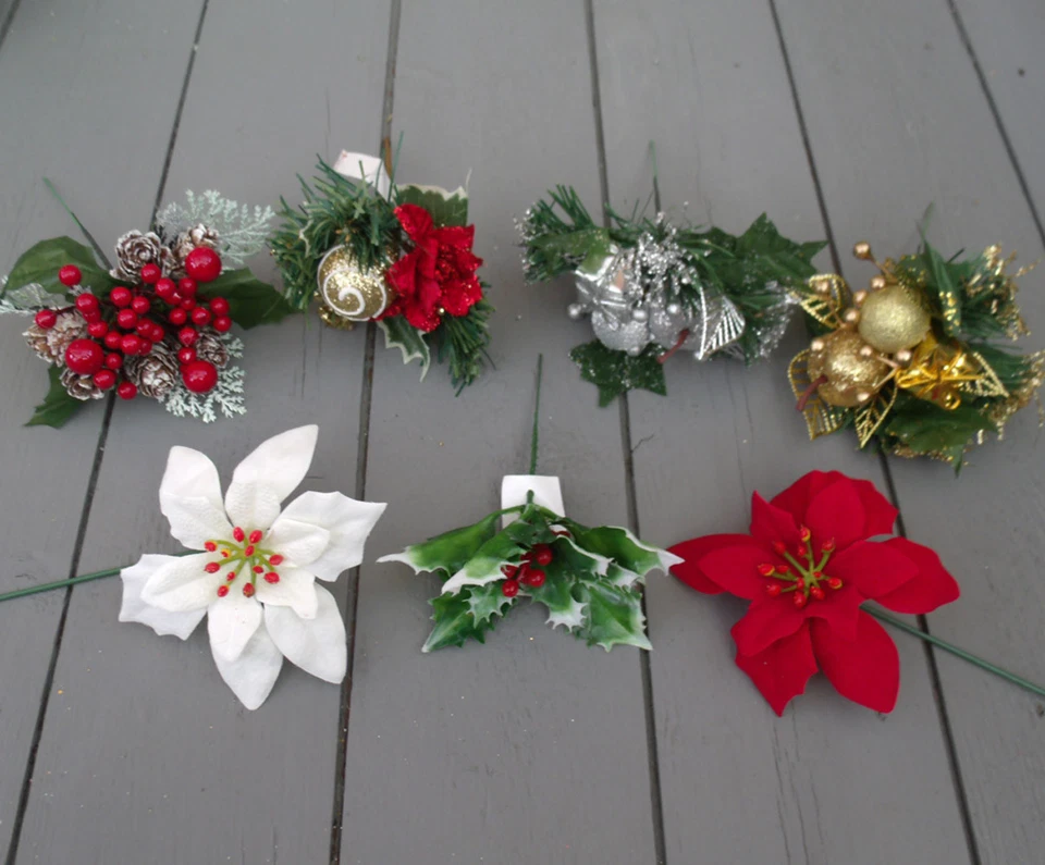 PERMABLOOM 6 x Artificial Christmas Picks -Red / Gold / Silver / Berry / Poinsettia / Holly