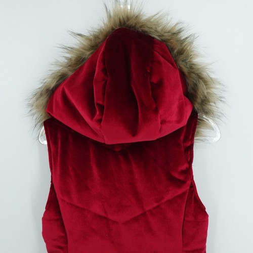 Marc New York Vest Sz XS Red Velvet Y2K Puffer Faux Fur Hood Full Zip Mob Wife - Picture 8 of 10