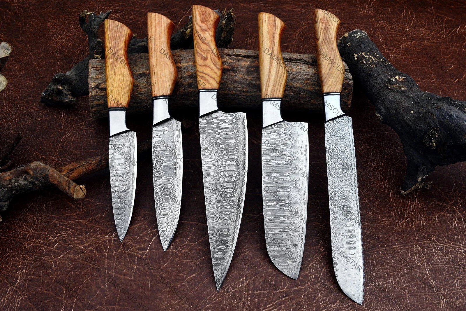 CUSTOM HANDMADE DAMASCUS STEEL KITCHEN CHEF SET WOOD HANDLE WITH LEATHER SHEATH